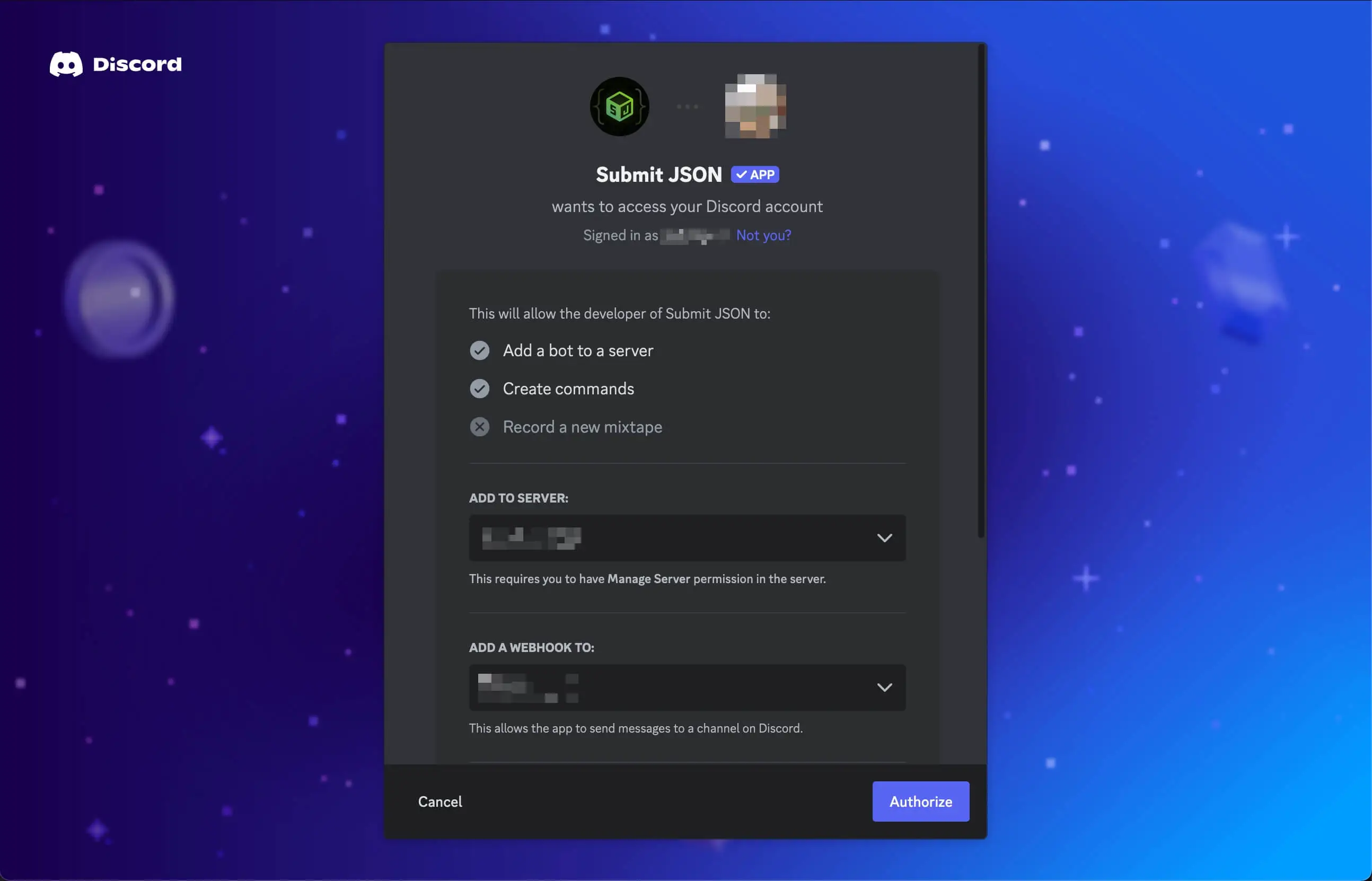 Screenshot of the Submit JSON Discord app install prompt.