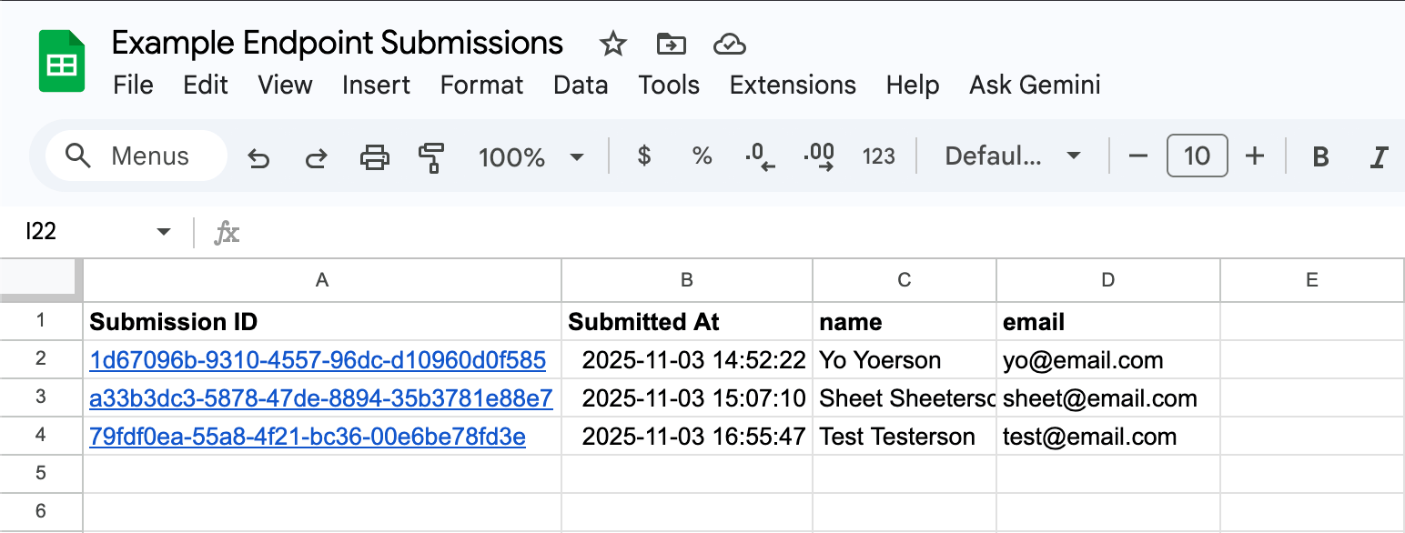 Screenshot of the submission in a Google Sheet