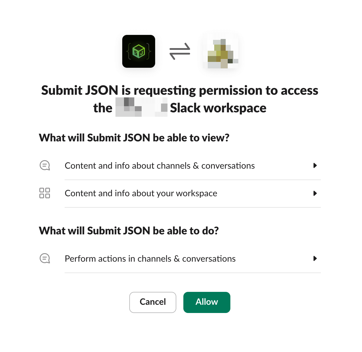 Screenshot of the Submit JSON Slack app install prompt requesting permissions.