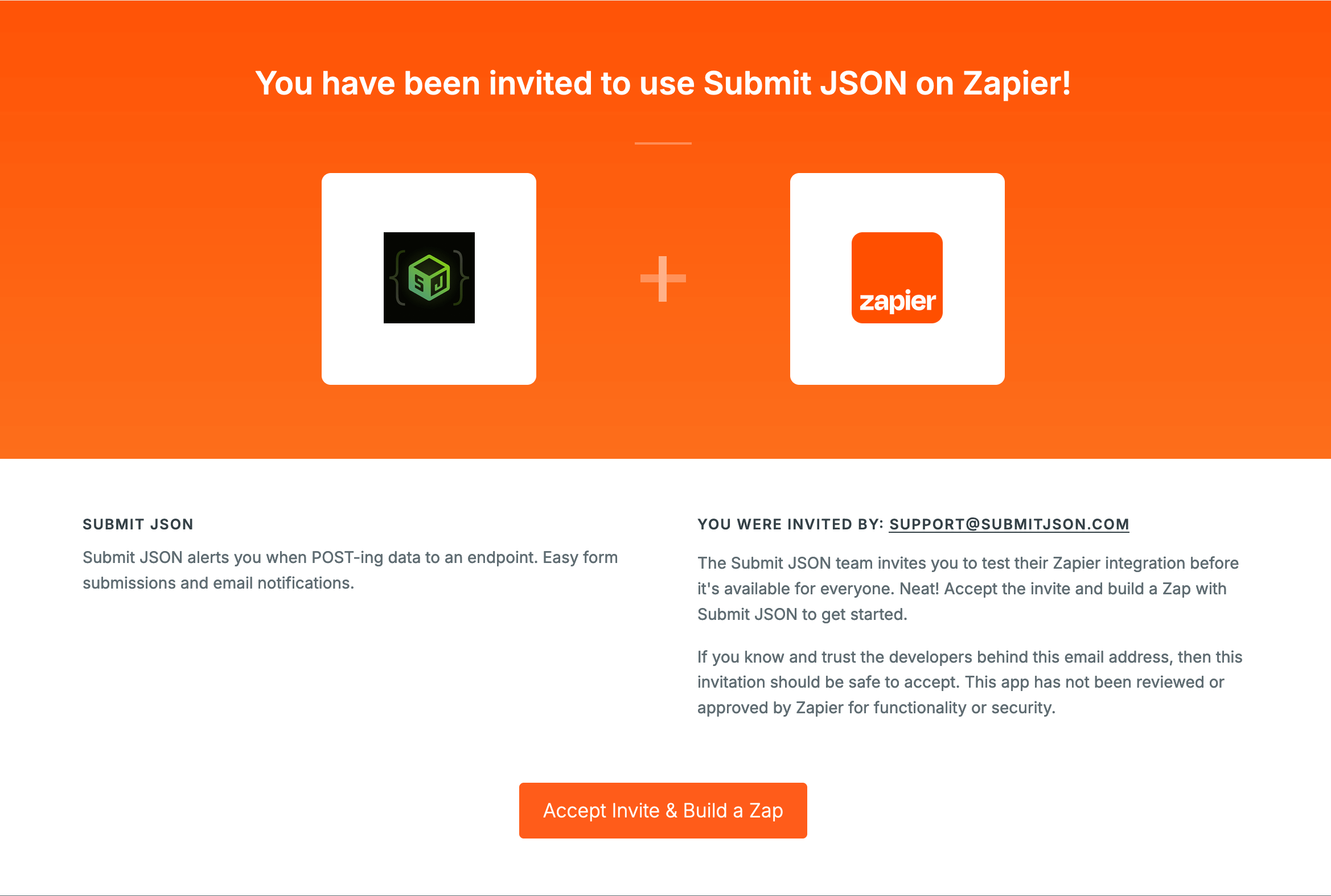 Screenshot of Submit JSON Zapier invite