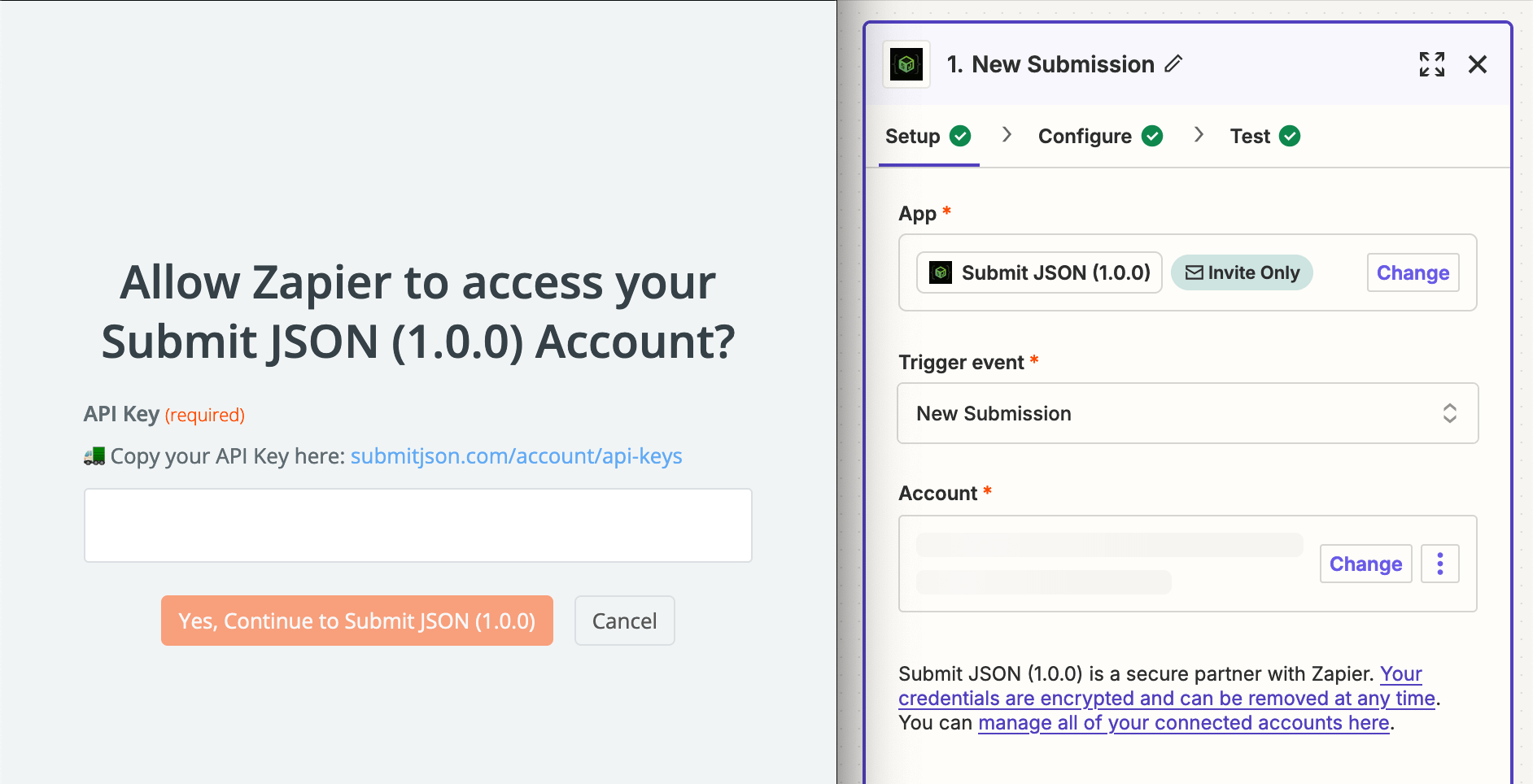 Zapier Trigger setup with Submit JSON API key login