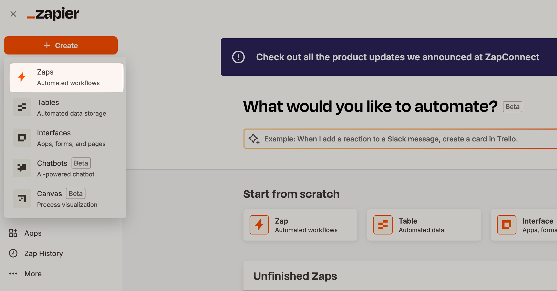 Screenshot of Zapier hopepage create Zap button