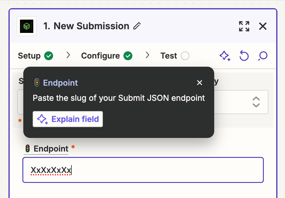 Zapier Trigger configure tab with endpoint slug input.